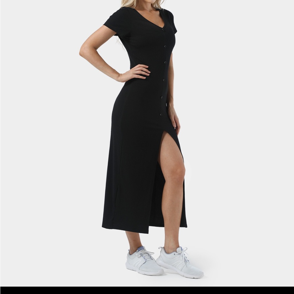 Everyday V-Neck Button Split Ribbed Knit Midi Chill Dress